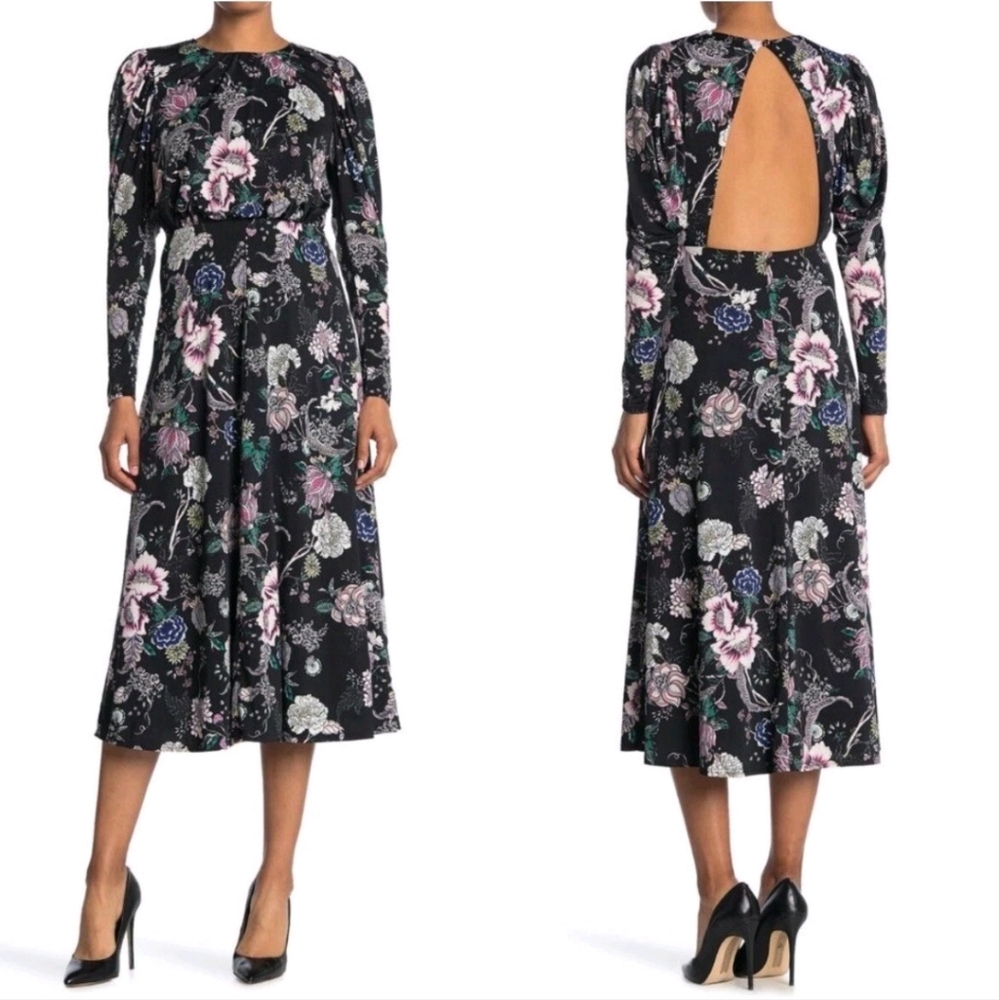 AFRM Nordstrom's Delilah Floral Midi Dress Black Noir Rose Open-Back High-Neck S